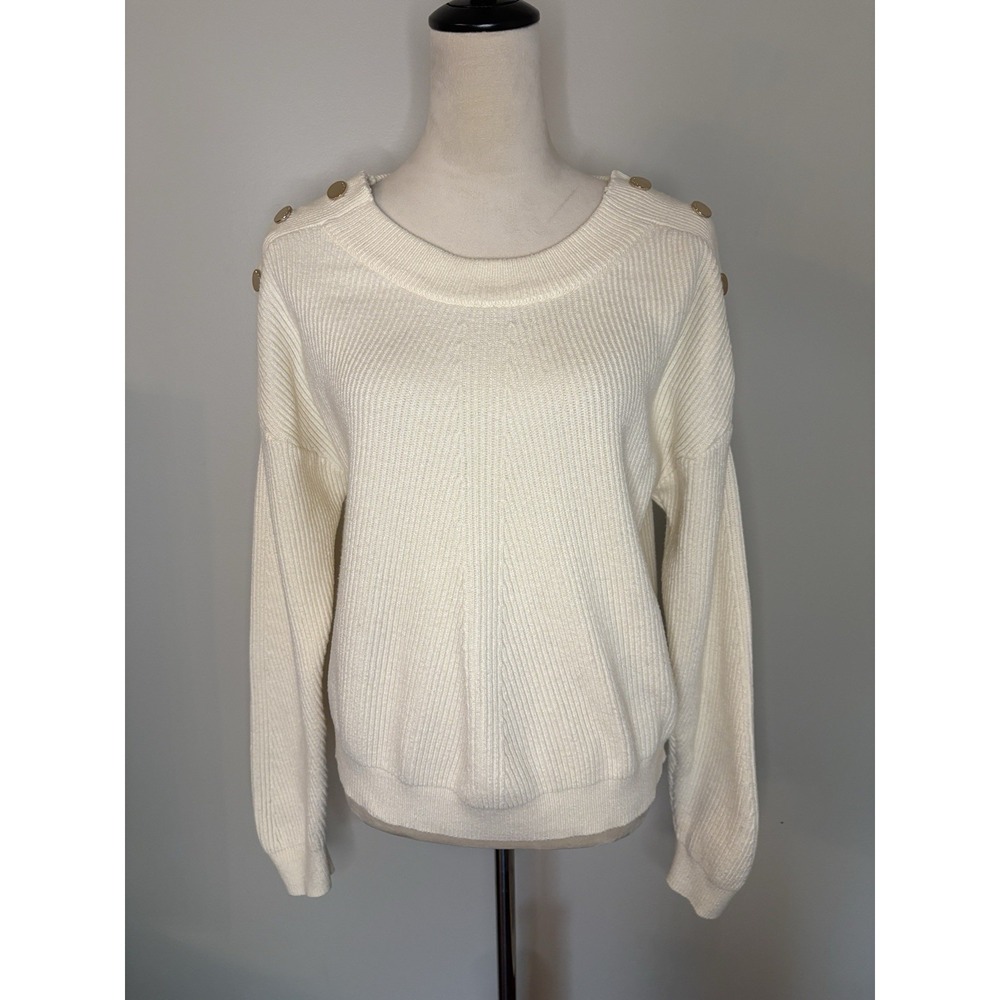 Guess Los Angeles Cream Ribbed Knit Sweater Gold Shoulder Button XL Q4RR04 EUC